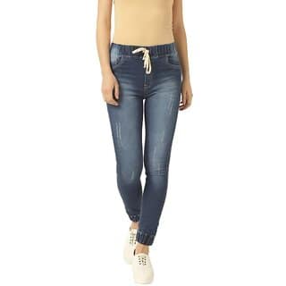 Women's Navy Blue Relaxed Fit Mid Rise Regular Length Scraped Denim Stretchable Jogger Pants