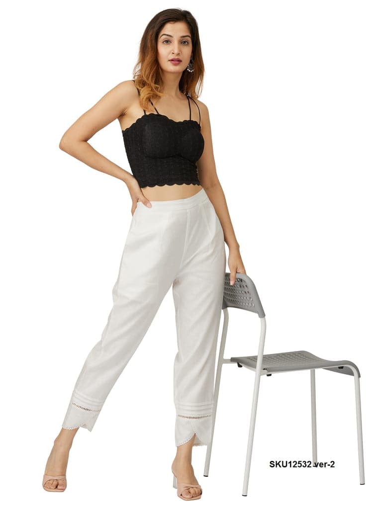 Women's Black Lace Crop Top with Cream Cotton Ankle-Length Pants