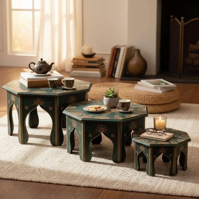Wooden Indian Hand Painted Modern Beautiful Bajot Table Pair of 3 view 2