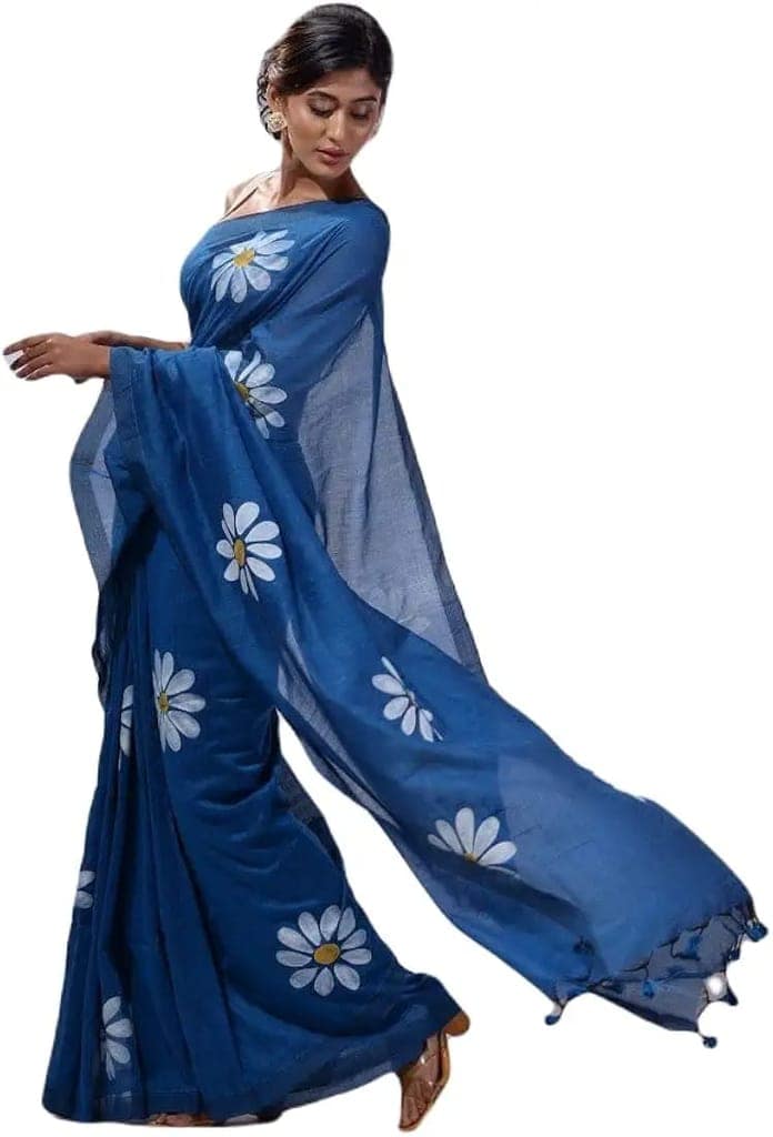 Blue Linen Saree With Hand Painted White Daisy Flowers And Tassels view 2