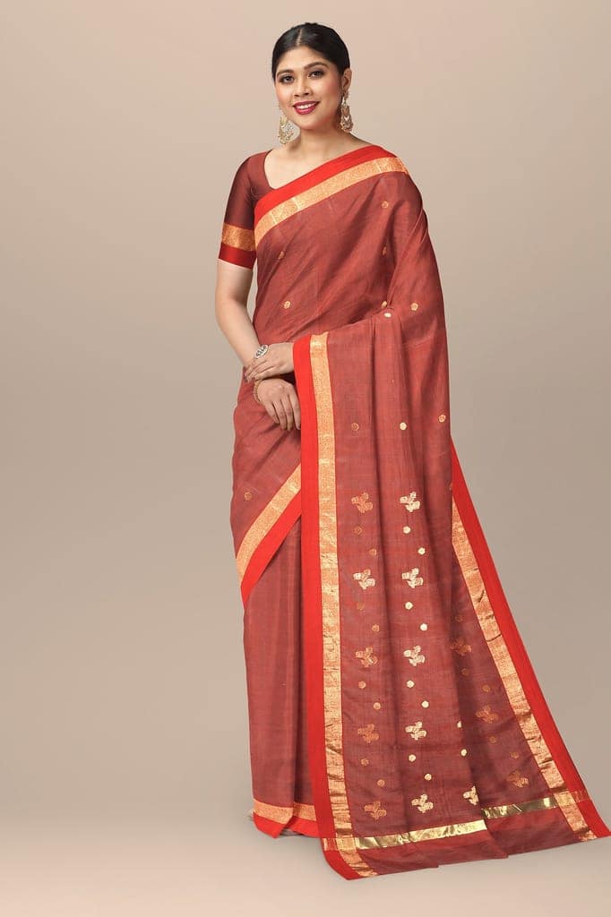 Crimson Red Traditional Floral Buta Handwoven Chanderi With Golden Zari Border SKU - BS10158