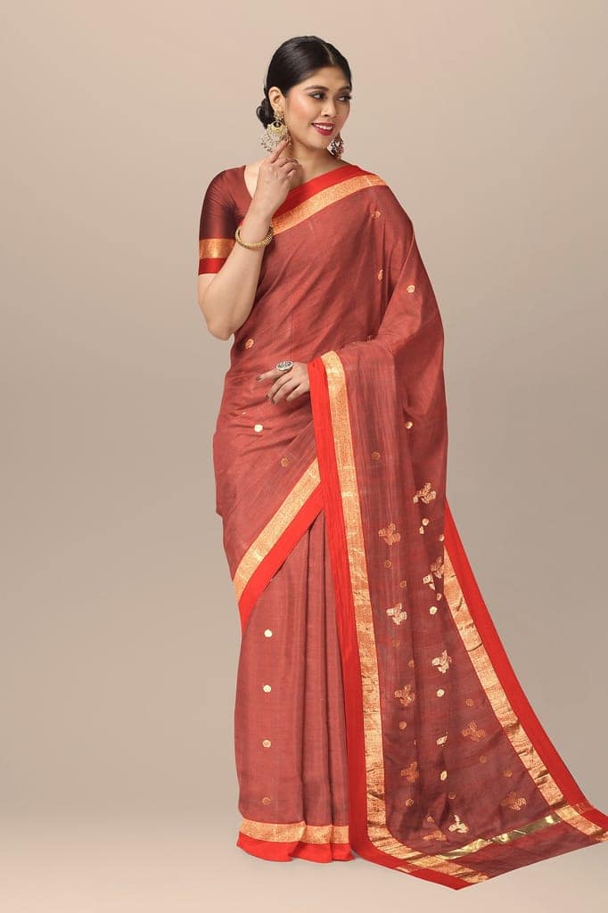 Crimson Red Traditional Floral Buta Handwoven Chanderi With Golden Zari Border SKU - BS10158 view 2