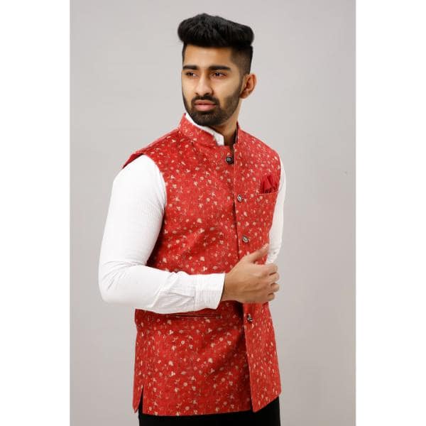 Men's Party Wear Sleeveless Velvet Jacket Red
