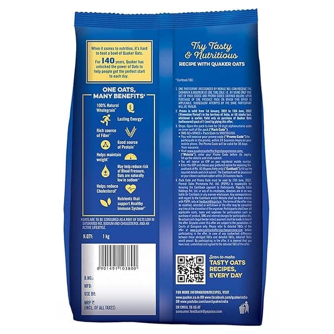 Quaker Oats | Rolled Oats Natural Wholegrain | Nutritious Breakfast Cereals | Dalia Porridge | Easy to Cook | 1 Kg Pack view 2