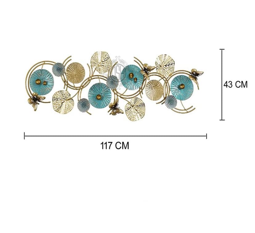 Metal Wall Art Lotus Leaves Wall Hanging Wall Decor Sculpture (46 X 17 Inch) For Home Hotel Restauran Decoration. (16-BUTTERFLY-BLUgold) view 2
