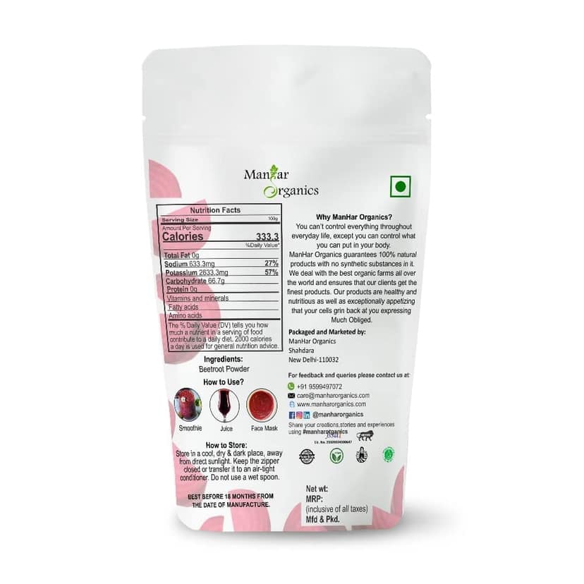 ManHar Organics Beetroot Powder | Pure & High in Antioxidants | Pre-Workout | Natural Brightening, Anti-Aging & Glowing Complexion | Food Colorant – 100g view 2