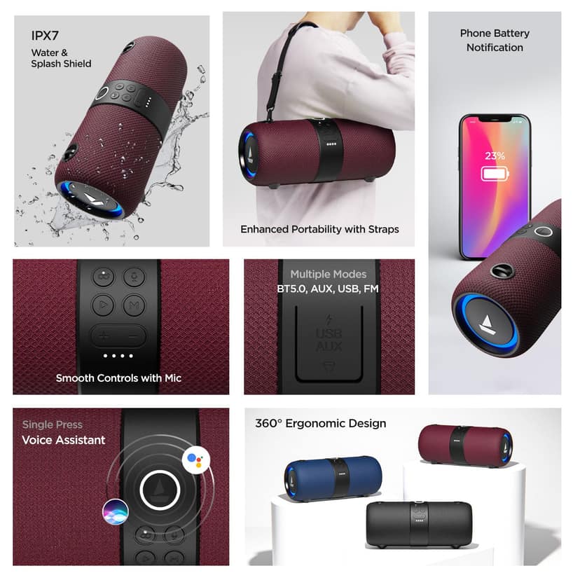 boAt Stone 1200 | 14W Portable Wireless Speaker with RGB LEDs, Up to 9 Hours of Playtime, AUX, USB and FM modes Maroon view 2