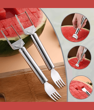 Watermelon Fork Cutter Slicer Tool, 2-in-1 Stainless Steel Fruit Cutter Melon Slicer Cutter Tool, Watermelon Cutting Tool for Home Party Camping Kitchen Gadget