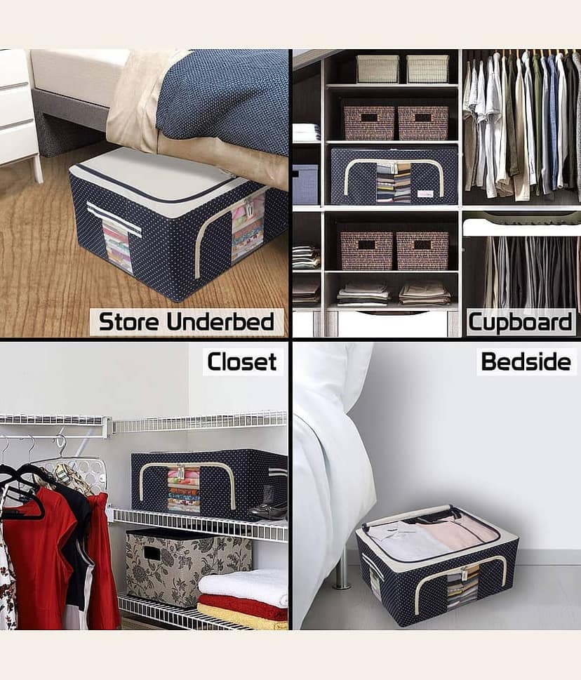 SKYVILLA Storage Box and Organiser 66 Liter Wardrobe Organizer for Storage Foldable Steel Frame Storage organiser with Zipper with Clear Window & Handles Storage Bags for Clothes Large Pack of 3 view 2