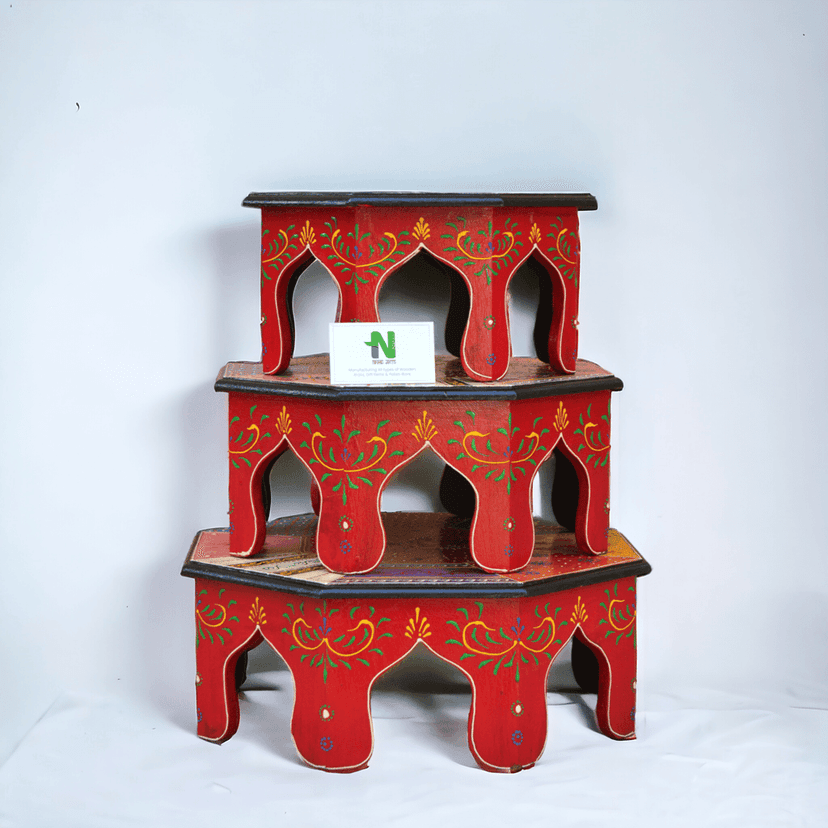 Pooja Bajot Stool/Octangle Pooja Decor/Painted Chowki/Patla/Chowki for Daily Prayer/Sitting Chowki for All Purpose ( set of 3 pieces ) view 2