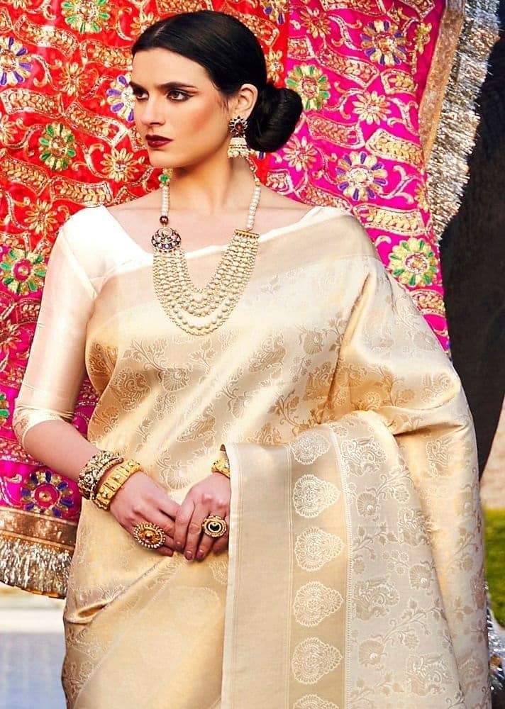 Woven Art Silk Saree in Cream view 2