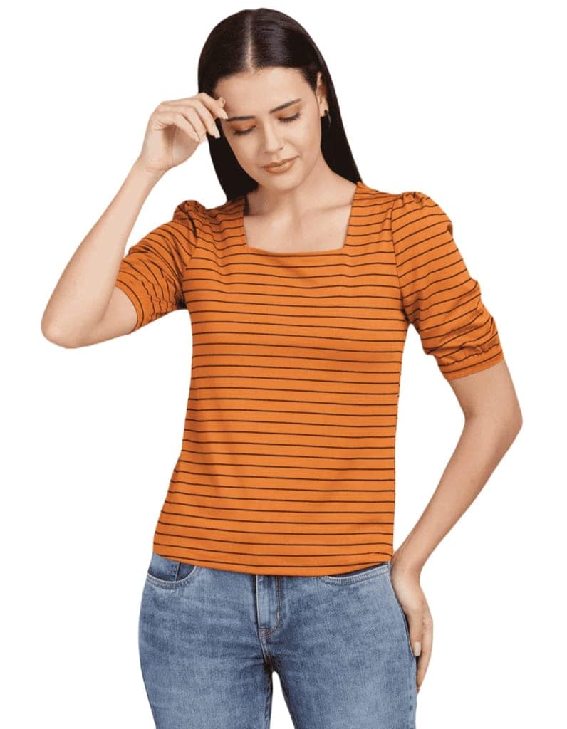 ATTIRIS Women's Cotton Blend Striped Square Neck Short Sleeve Waist Length Top, Mustard Yellow
