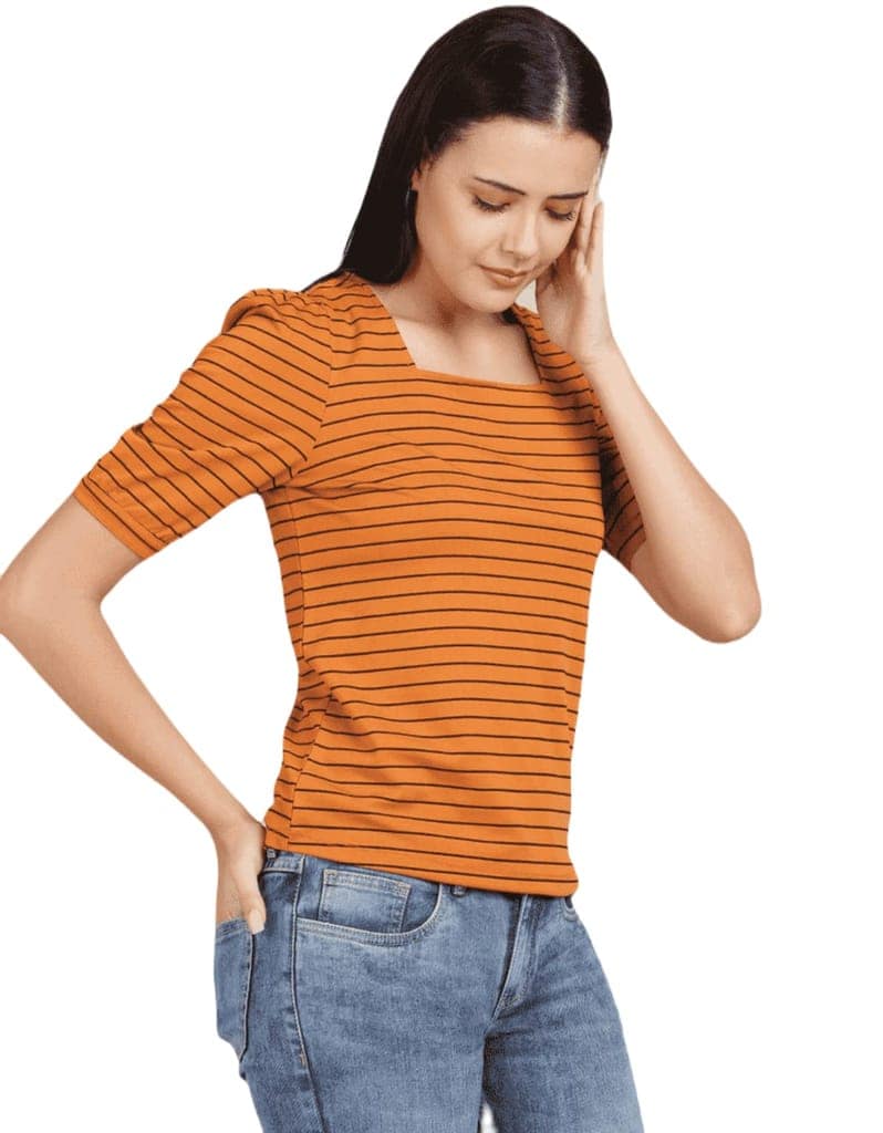 ATTIRIS Women's Cotton Blend Striped Square Neck Short Sleeve Waist Length Top, Mustard Yellow view 2