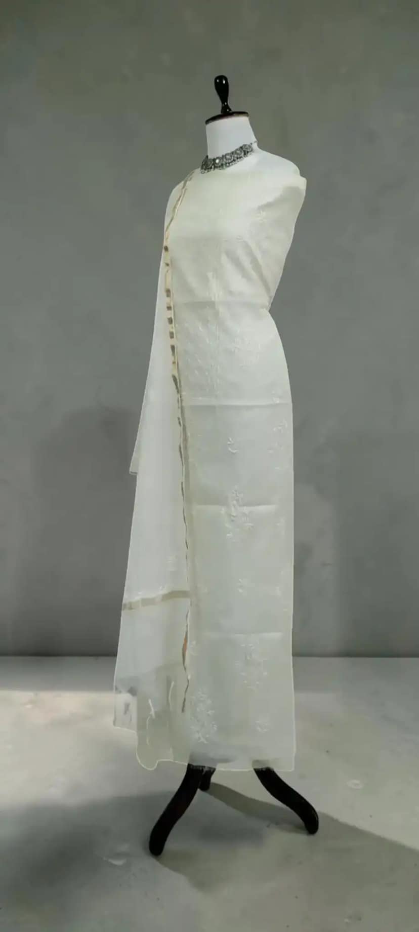 White Chikankari Mul Cotton Dress Material with Hand-Embroidered Dupatta view 2