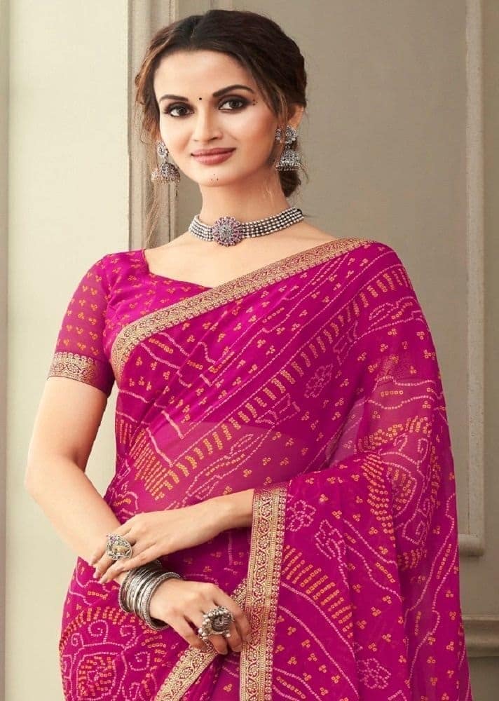 Bandhej Printed Chiffon Saree in Magenta view 2