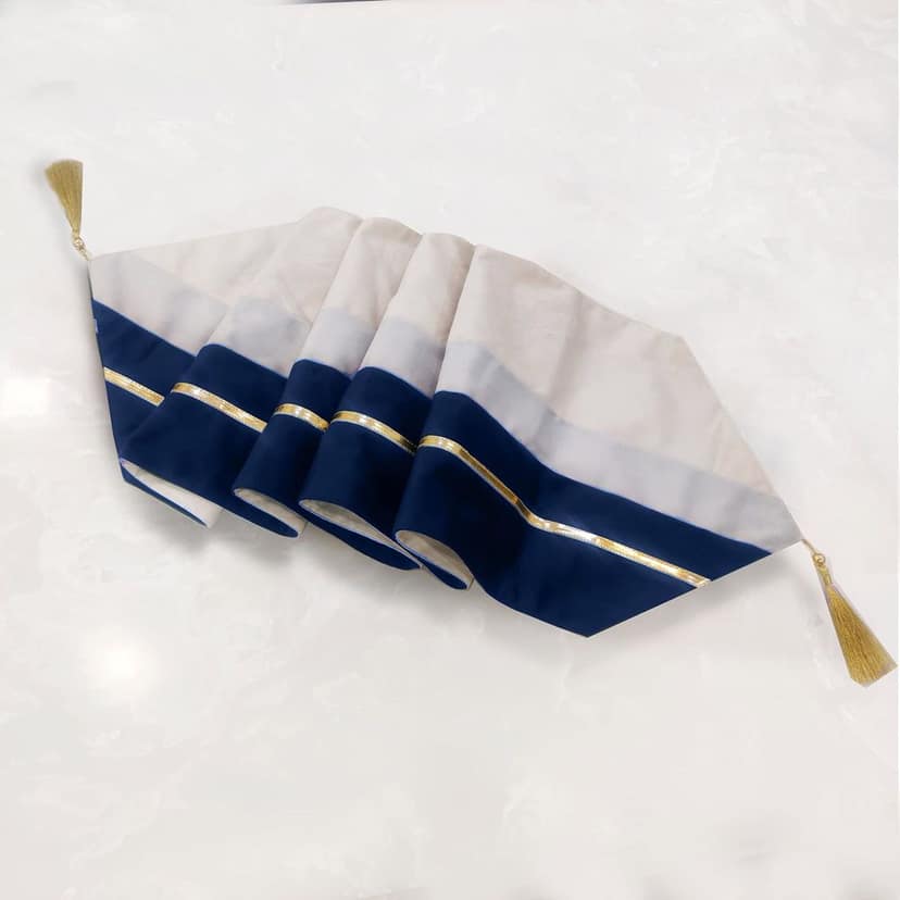 12 x 59 Inch Decorative Luxury Blue Beige White Gold Leather Striped Patchwork Velvet Table Runners with Tassels for Home Living Room Bedroom Art Decor Wedding view 2