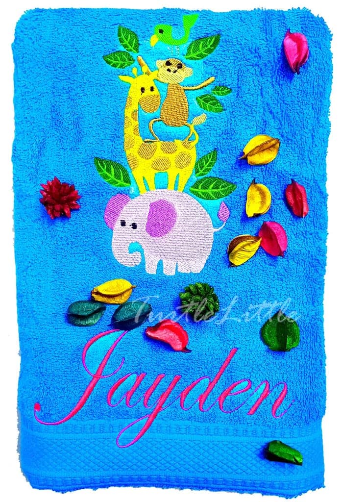 TurtleLittle, Cotton, Animals Personalised Kids Bath Towel, 500 GSM (Set of 1, Blue)