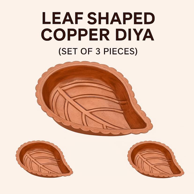 Copper Leaf Shaped Diya (Set of 3 Pieces) � Karthigai Deepam Vilaku � Size No.1 (60mm * 40 mm) Traditional Pooja Lamp for Home Temple � Handcrafted Decorative Thin Oil Lamp view 2
