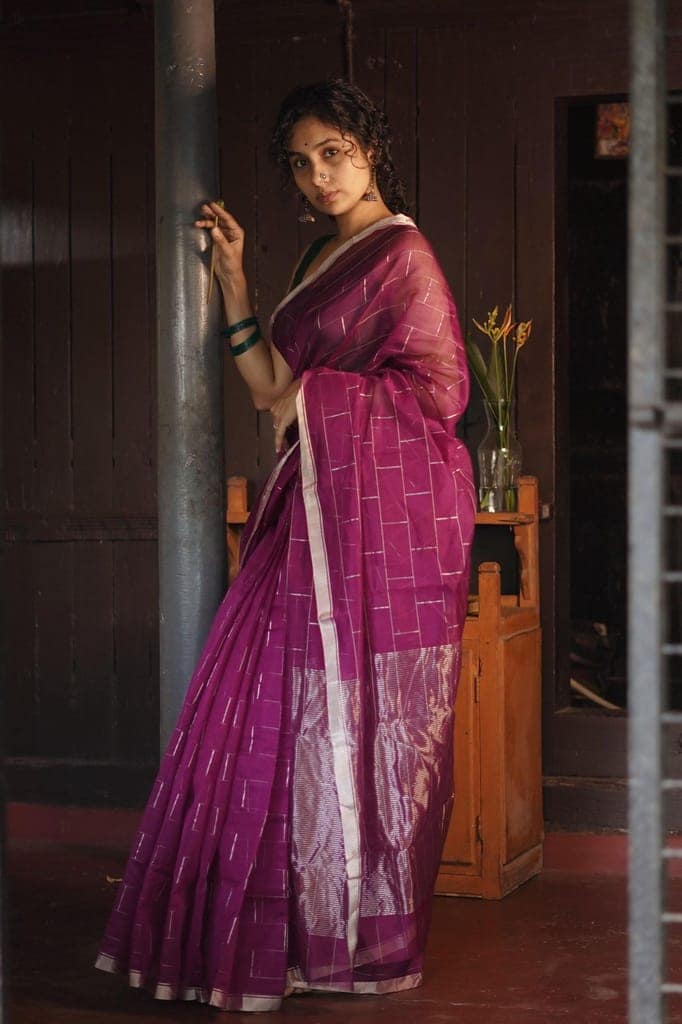 Utsav Pink silk cotton silver Zari Chanderi Saree view 2