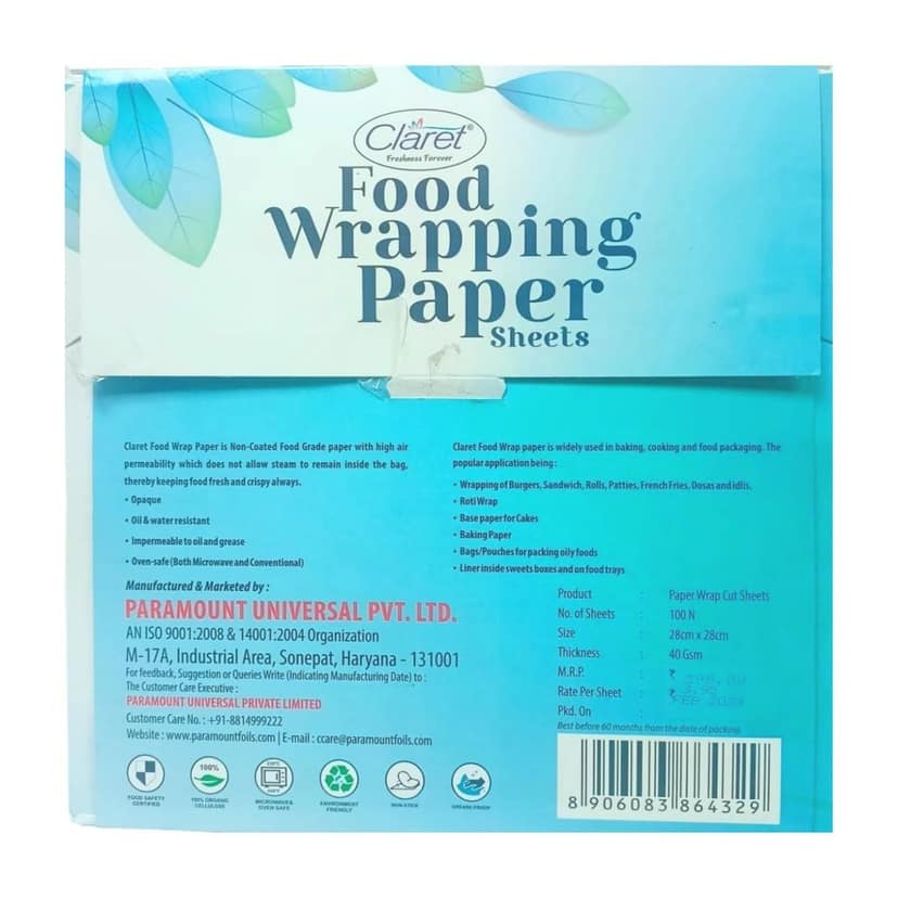 CLARET Premium Multi-Purpose Food Wrapping Sheets | 100 Count, 40 GSM | Non-Stick, Grease-Resistant Parchment Paper for Roti & Food Wrapping view 2