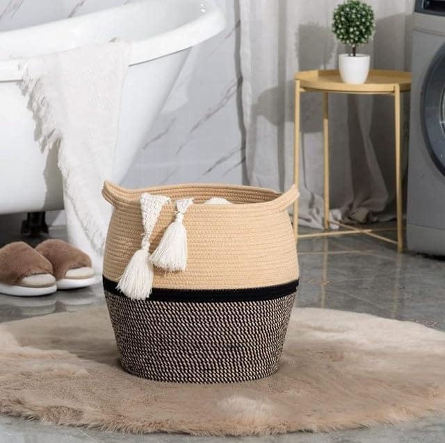 Generic Cotton Matka 14x12 Inch Storage Basket For Clothes With Out Lid (Beige-Black)-PID66391 view 2