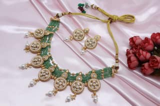 Kundan & Pearl Gold-Plated Green Beaded Choker Necklace Set with Earrings