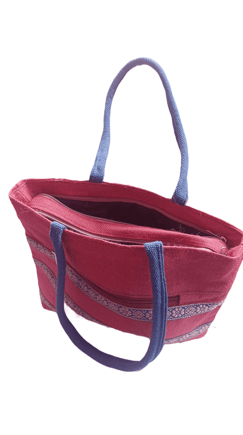 Pink and Blue Handbag with Zipper Closure jute bag view 2