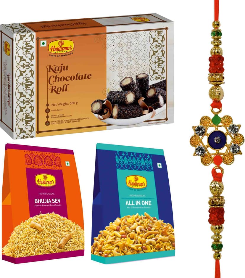 Haldiram's Nagpur Kaju Chocolate Roll 500g, Bhujia Sev200g,All in One200g With Rakhi Assorted Gift Box (Multicolor)