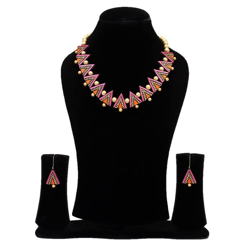 Le bijouxistic EKAM EK Pink and ornage broken design necklace set with earrinsg for women view 2