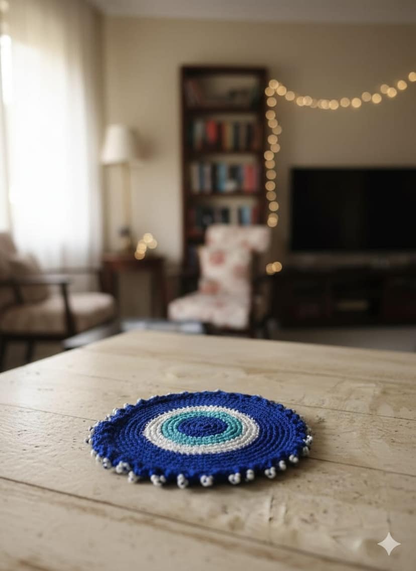 Sakha Evil Eye Crochet Coaster Royal Blue White Sky Blue view 2