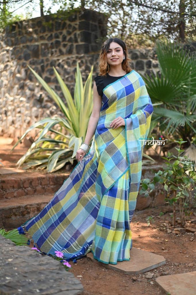 Exclusive! Pure Linen Saree in Beautiful Geometric Checks All over~Green Blue Shades view 2