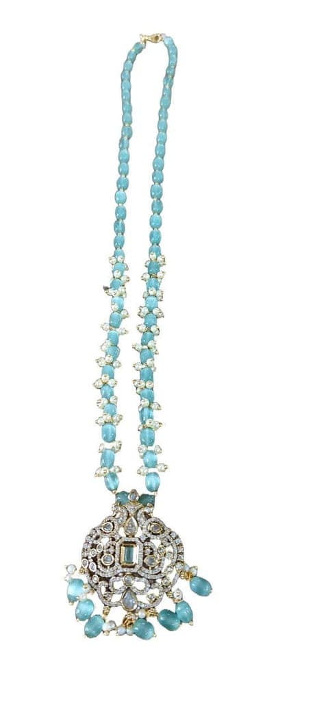 Aqua Aura Quartz and Pearl Beaded Necklace with Rhinestone Pendant
