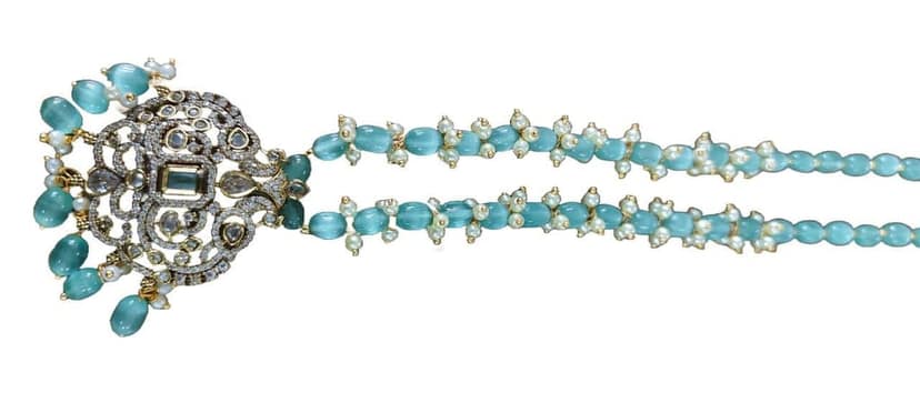 Aqua Aura Quartz and Pearl Beaded Necklace with Rhinestone Pendant view 2