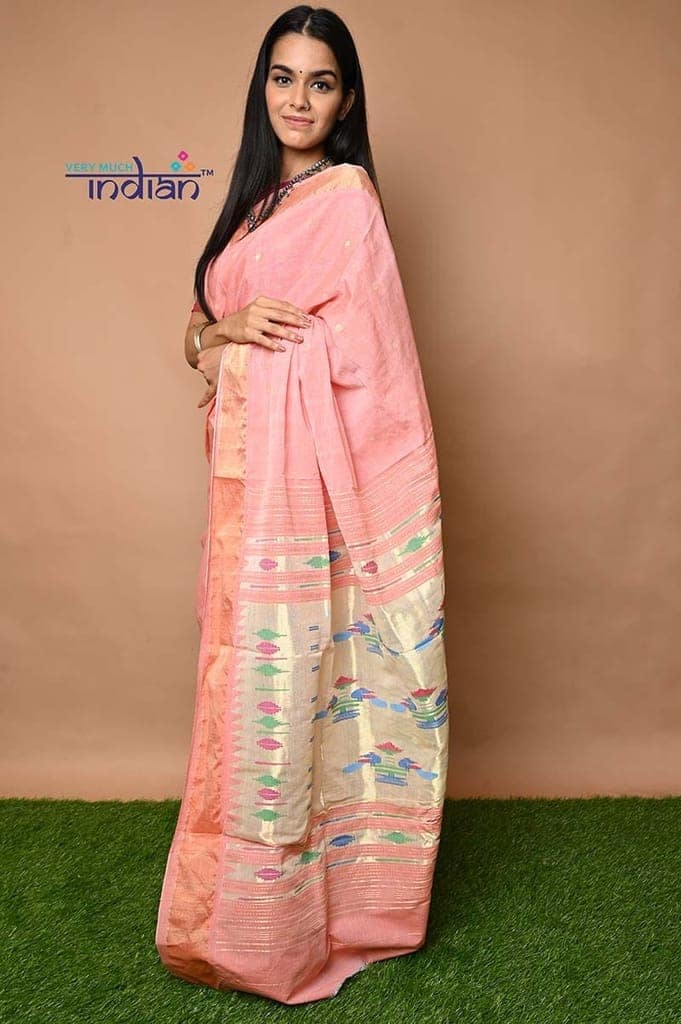 Cotton Paithani - Handloom Fresh Peach Paithani with Traditional Double Pallu view 2
