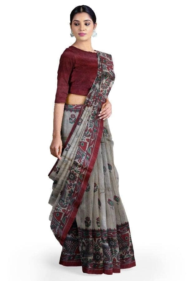 Cream And Red Tussar Silk Saree view 2
