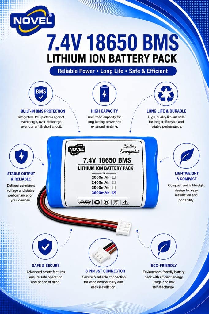 NOVEL 7.4V 18650 BMS LITHIUM ION DUAL BATTERY PACK WITH DC FEMALE- 3600mAh view 2