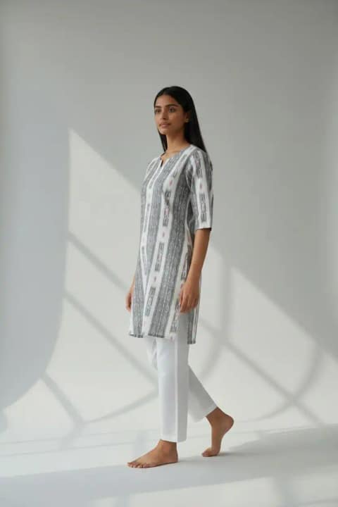 Handwoven Sambalpuri Cotton Kurti in Grey and White Bandhakala Ikat view 2