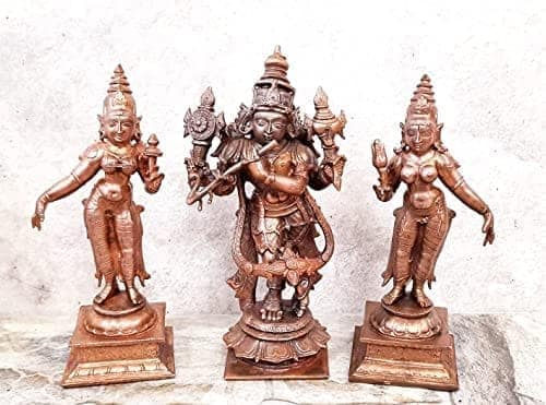 Searchers Paradise - Copper Idols Venugopala Swamy with Sridevi and Bhudevi , 5.7 inches, Copper Handmade 1500 Grams, Patina Antique Finish, Pack of 1 Piece
