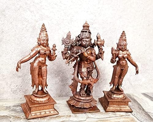 Searchers Paradise - Copper Idols Venugopala Swamy with Sridevi and Bhudevi , 5.7 inches, Copper Handmade 1500 Grams, Patina Antique Finish, Pack of 1 Piece view 2
