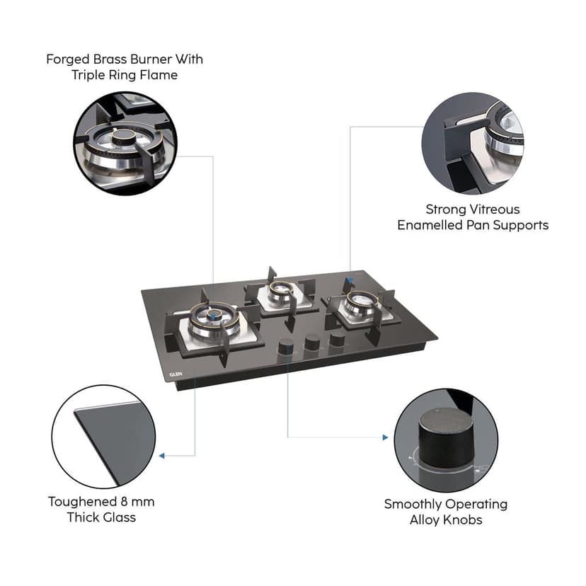 3 Burner Glass Hob Top Triple Ring Burner Double Ring Forged Brass Burners Auto Ignition (1073 SQHTDBTR) view 2