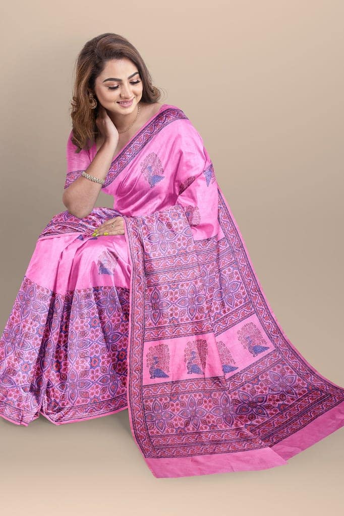 Pink Bird Motif Handwoven Hand Block Print Sausar Silk Saree SKU-AS10035 view 2