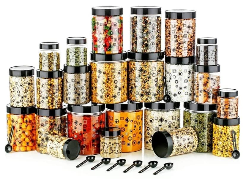 HAPPI Multipurpose Unbreakable Plastic Printed Airtight Container Set Masala Box For Kitchen Storage Box Dabba For Spice, Pack of 24 (6 Pcs of Each 350ml, 650ml, 1200ml, 2000ml with 24 Spoons) view 2
