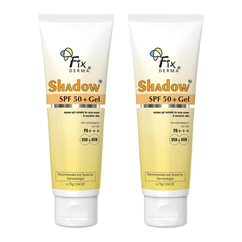 FIXDERMA Shadow Sunscreen SPF 50+ PA+++ Gel | Sunscreen SPF 50 for Oily, Acne Prone & Normal Skin | Broad Spectrum & UVA & UVB Protection | Lightweight | No White Cast | For Unisex - 75G (Pack of 2) FIXDERMA Shadow Sunscreen SPF 50+ PA+++ Gel | Sunscreen