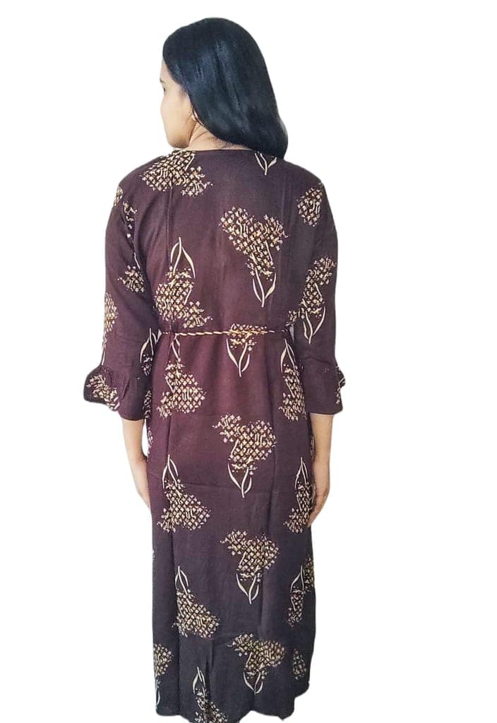 ATTIRIS Women's Rayon Printed Flared Calf Length Kurta with Dori and Belt Loops, Brown view 2