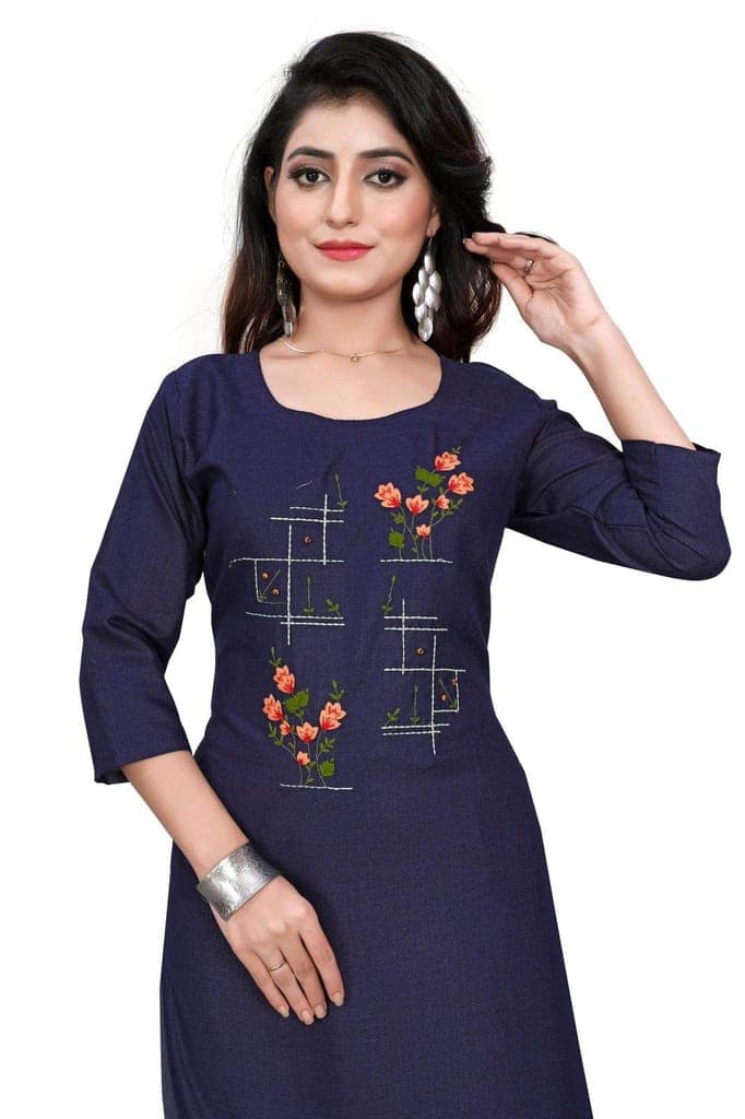 STYLEOO Ruby Slub 3/4 Sleeves Embroidered Kurti for Women's Combo Pack (Blue and Green) view 2
