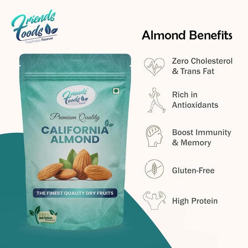 Friends Foods 100% Natural Premium California Dried Almonds (Badam) 1kg Pack Pouch | Premium Badam Giri | High in Fiber & Boost Immunity | Real Nuts | Gluten Free view 2