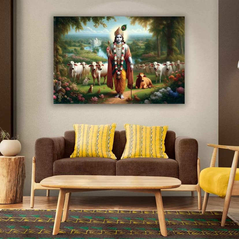 LORD KRISHNA WALLART 24in X 16in WITH BLACK FRAME
