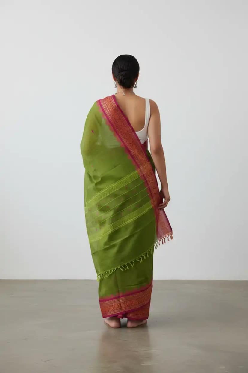Kanchipuram Handloom Cotton-Silk Saree in Olive Green with Woven Borders view 2