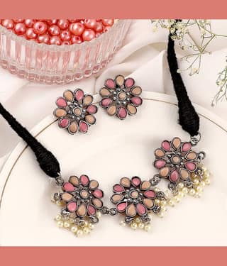 gilher Peach Oxidised Silver Necklace Set ( Pack of 1 )