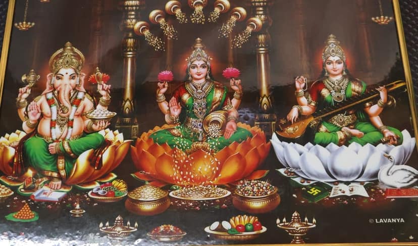 Hindu Trinity Gods Ganesha, Lakshmi, Saraswati Framed Print